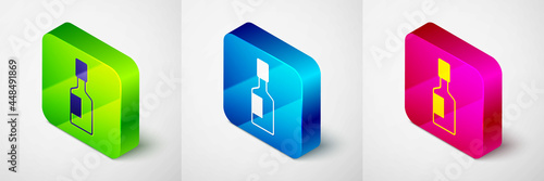 Isometric Tabasco sauce icon isolated on grey background. Chili cayenne spicy pepper sauce. Square button. Vector