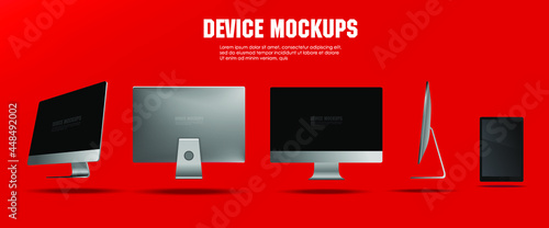 Realistic personal computer from different angles on a red background. Presentation of a new generation computer. Powerful candy bar. New all-in-one PC
