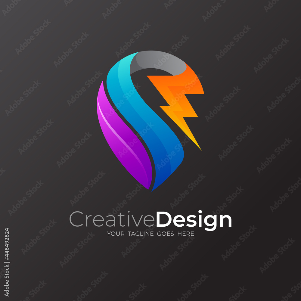Fototapeta premium Location logo and thunder design illustration, Technology logo combination