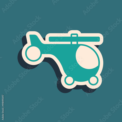 Green Helicopter aircraft vehicle icon isolated on green background. Long shadow style. Vector