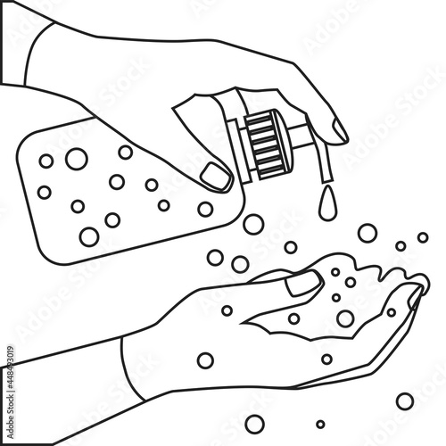 Hand washing. The outline of two hands and detergent in a bottle with a dispenser. Disinfection and hygiene. Vector illustration isolated on a white background for design and web.