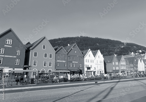 Fototapeta Naklejka Na Ścianę i Meble -  Monochrome Image of the Historic Hanseatic Buildings of Bryggen, UNESCO World Heritage Site in Bergen, Norway