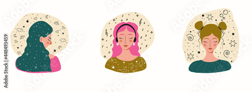 Girl Female Set Vector Background. Beauty Print.