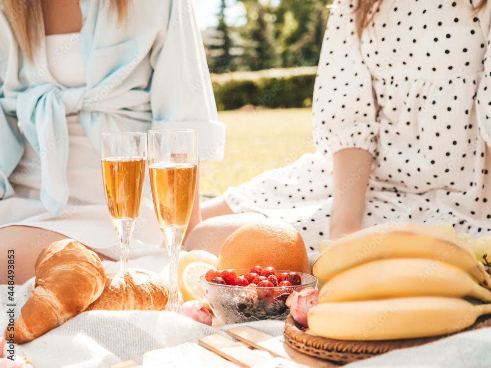 Two young beautiful smiling hipster female in summer sundress and hats.Carefree women making picnic outside.Positive models sitting on plaid on grass,drinking champagne, eating fruits and cheese Two young beautiful smiling hipster female in summer sundress and hats.Carefree women making picnic outside.Positive models sitting on plaid on grass,drinking champagne, eating fruits and cheese