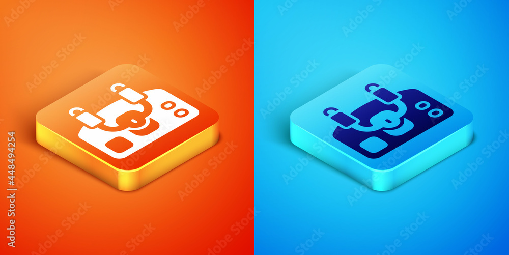 Isometric Aircraft steering helm icon isolated on orange and blue background. Aircraft control wheel. Vector