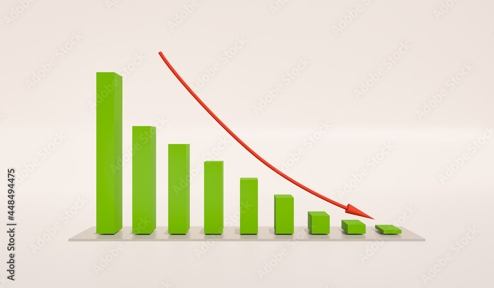 Declining bar chart with arrow. Columns in green, arrow in red. There is place to add text, for instance business use, statistics or education incase of negative trends. 3D illustration. Declining bar chart with arrow. Columns in green, arrow in red. There is place to add text, for instance business use, statistics or education incase of negative trends. 3D illustration.