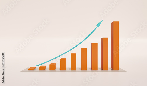 Rising bar chart with arrow. Columns in orange, arrow in blue. There is place above and beneath to add text, for instance business use, statistics or education. Copy space and 3D illustration.