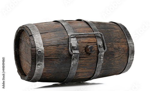 Old oak wooden barrel with iron rings and horizontal handle. Isolated over white background.