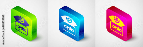 Isometric Hypnosis icon isolated on grey background. Human eye with spiral hypnotic iris. Square button. Vector