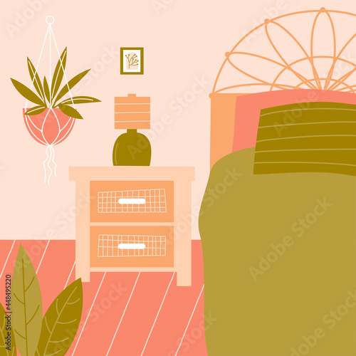 Modern interior of a bedroom with furniture: bed, bedside table, lamp, houseplants, picture. Vector flat illustration