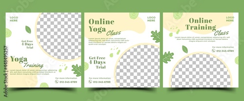 Yoga class social media post template. Natural banner concept design with green color ornament and place for the photo. Usable for promotion in social media, banner, and website.