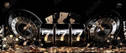 Tableau sur Toile Roulette Wheels, Slot Machine, Four Aces, Casino Chips, Dices And Coins, Modern