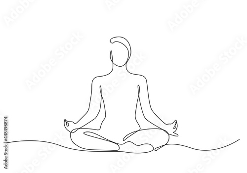 Woman Lotus Yoga Pose One Line Drawing. Female Yoga Relax Line Drawing. Abstract Minimal Female Figure Continuous One Line Illustration. Lotus Pose Trendy Contour Drawing. Vector EPS 10.