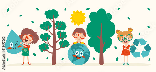 Concept Of Ecology With Cartoon Kids