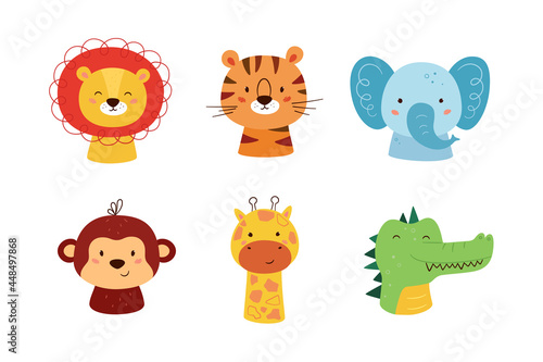 Cute animal kawaii characters. Funny lion, tiger, giraffe, elephant, monkey and crocodile. The faces of wild animals. Vector illustration isolated on white background.