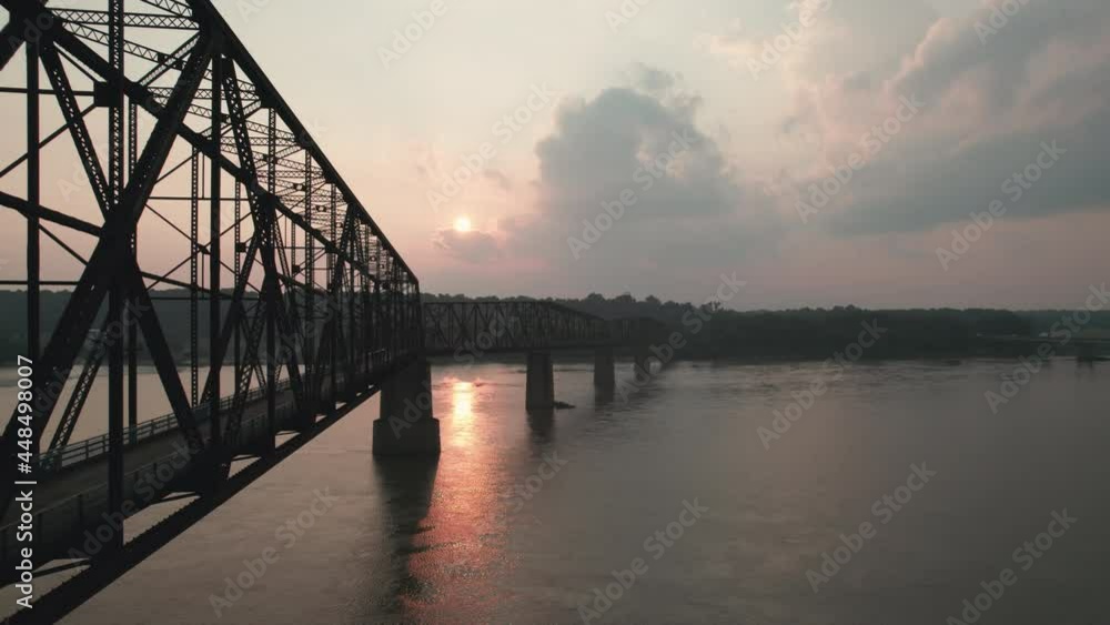 Aerial dolly forward next to Chain of Rocks bridge during sunset. Missouri, USA Aerial dolly forward next to Chain of Rocks bridge during sunset. Missouri, USA