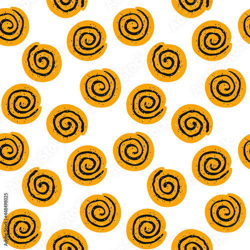 Cinnamon rolls with sugar. Seamless pattern with swirl buns. Hand drawn isolated vector illustration on white background