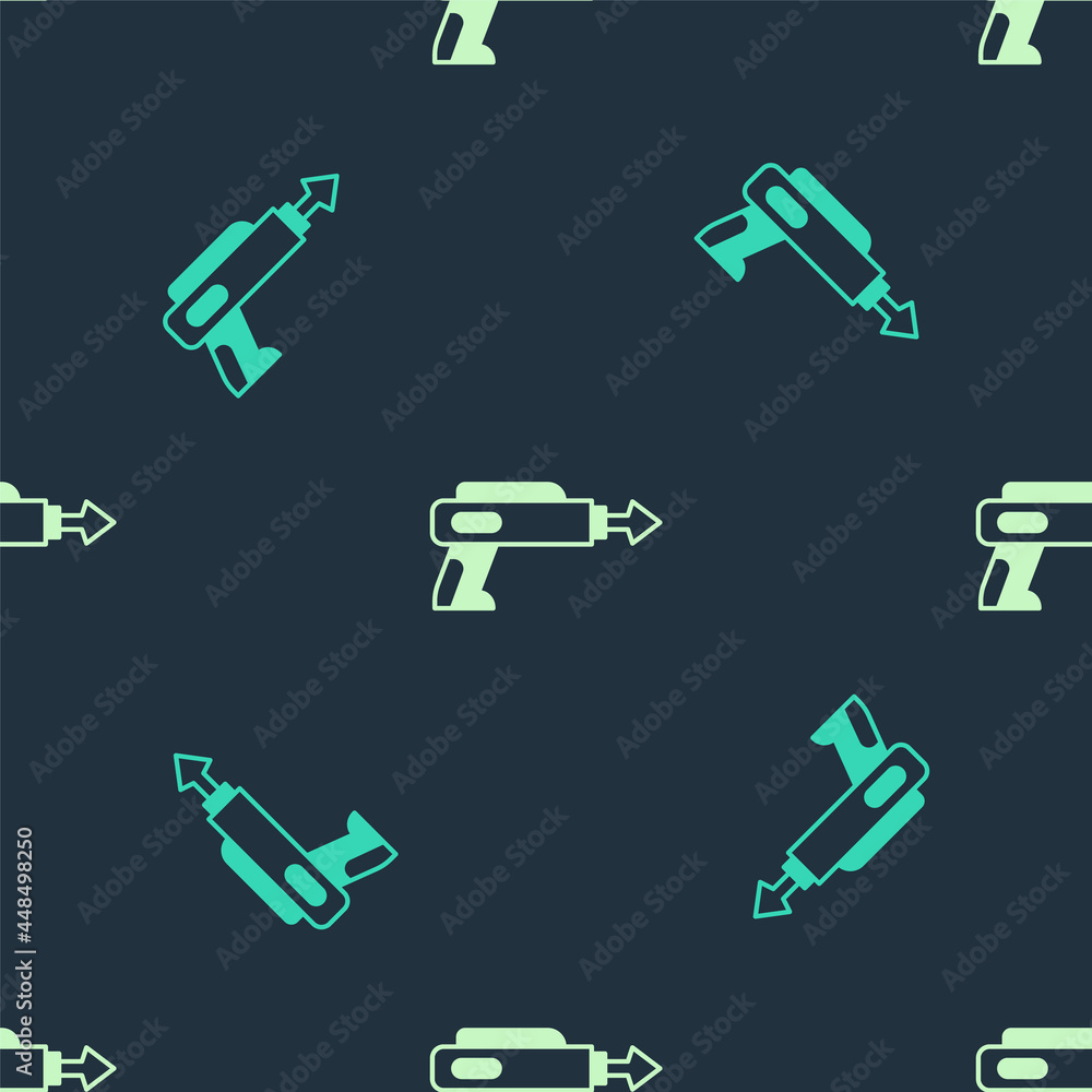 Green and beige Fishing harpoon icon isolated seamless pattern on blue background. Fishery manufacturers for catching fish under water. Diving underwater equipment. Vector Green and beige Fishing harpoon icon isolated seamless pattern on blue background. Fishery manufacturers for catching fish under water. Diving underwater equipment. Vector