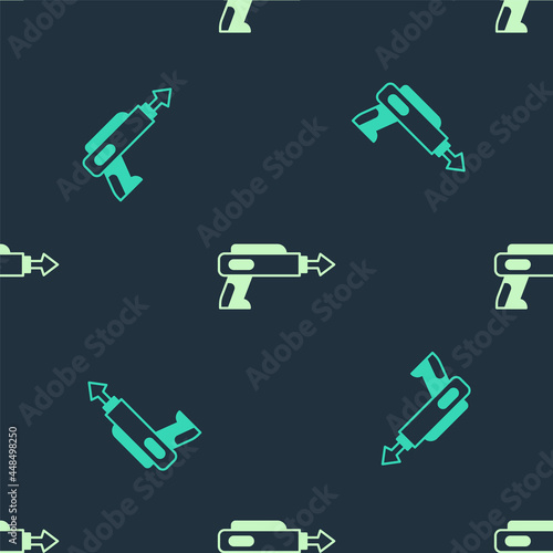 Green and beige Fishing harpoon icon isolated seamless pattern on blue background. Fishery manufacturers for catching fish under water. Diving underwater equipment. Vector