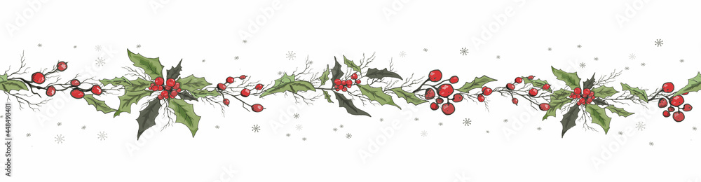 seamless frame, border of winter Holly flowers, Sórbus branches. hand-drawn sketch, drawing in a realistic style. for  paper, card, banner, Wallpaper. art vintage style. vector illustration