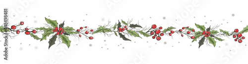 seamless frame, border of winter Holly flowers, Sórbus branches. hand-drawn sketch, drawing in a realistic style. for  paper, card, banner, Wallpaper. art vintage style. vector illustration