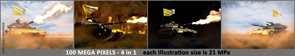 4 detailed images of heavy tank with not real design and with Holy See flag - Holy See army concept, military 3D Illustration 4 detailed images of heavy tank with not real design and with Holy See flag - Holy See army concept, military 3D Illustration
