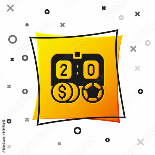 Black Soccer football betting money icon isolated on white background. Football bet bookmaker. Soccer betting online make money. Yellow square button. Vector