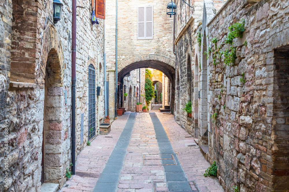 Assisi village in Umbria region, Italy. The town is famous for the most important Italian Basilica dedicated to St. Francis - San Francesco.