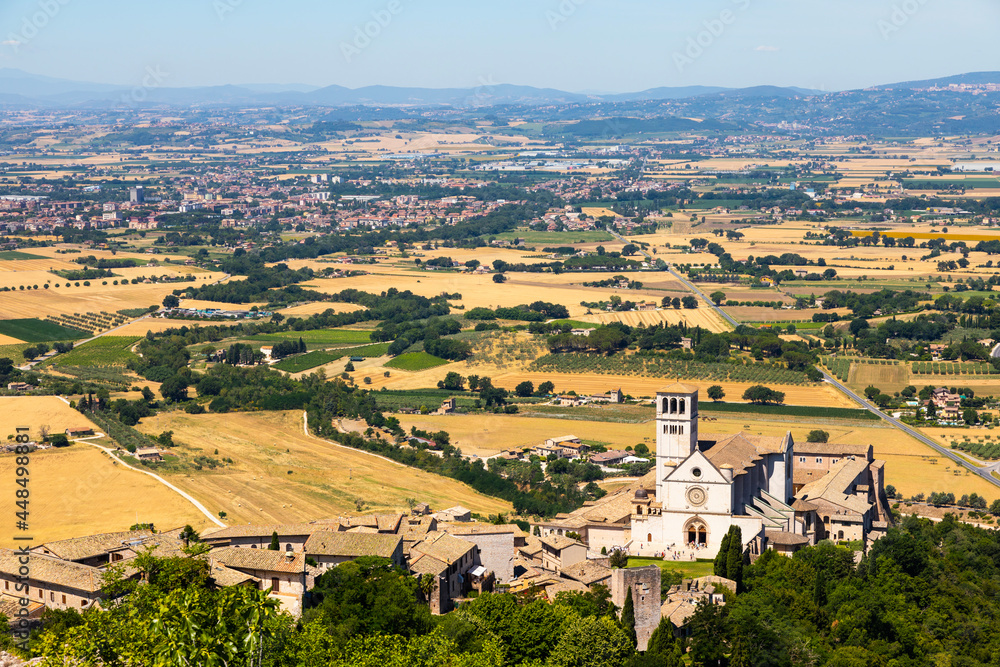 Assisi village in Umbria region, Italy. The town is famous for the most important Italian Basilica dedicated to St. Francis - San Francesco.