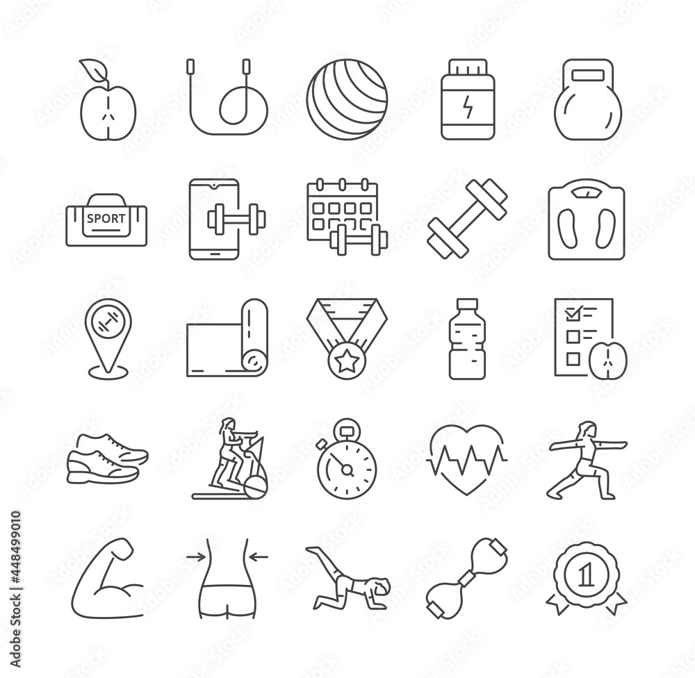 Outline fitness icons. Contains such icons as gym, training, running, sports, diet, body-building, yoga, sport equipment. Editable stroke Set of flat vector illustrations isolated on white background Outline fitness icons. Contains such icons as gym, training, running, sports, diet, body-building, yoga, sport equipment. Editable stroke Set of flat vector illustrations isolated on white background
