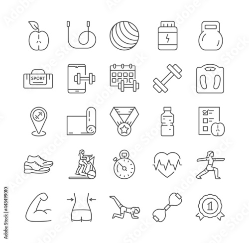 Outline fitness icons. Contains such icons as gym, training, running, sports, diet, body-building, yoga, sport equipment. Editable stroke Set of flat vector illustrations isolated on white background