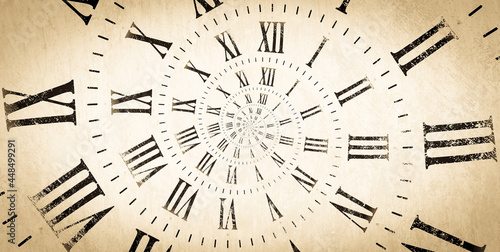 Droste effect background with infinite clock spiral. Abstract design for concepts related to time.