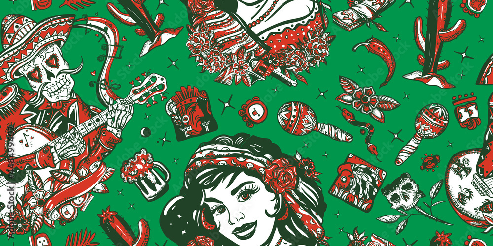 Obraz premium Mexico. Seamless pattern. Old school tattoo vector background. Skeleton with guitar and mexican woman. National culture and people