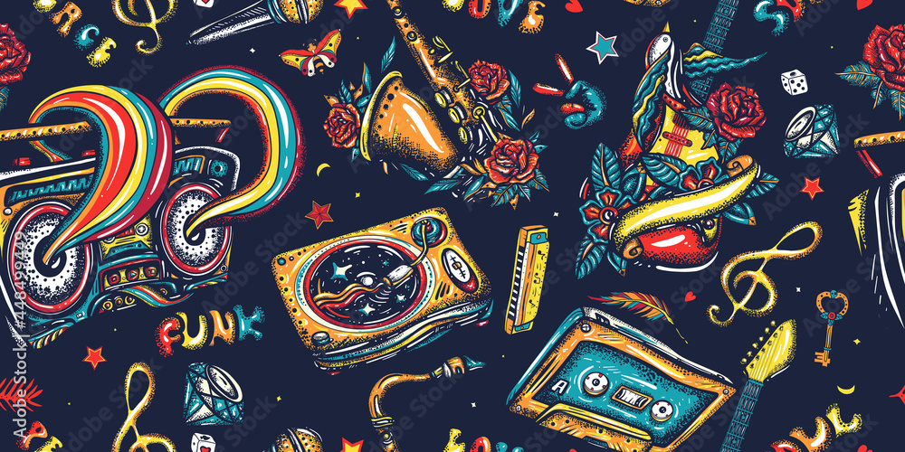 Retro music pattern. Musical instruments. Street lifestyle. Old school tattoo style. Dj vinyl, boom box, rock guitar and saxophone. Funny background. Jazz, funk, disco and soul concept - obrazy, fototapety, plakaty 