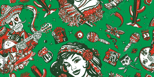 Mexico. Seamless pattern. Old school tattoo vector background. Skeleton with guitar and mexican woman. National culture and people