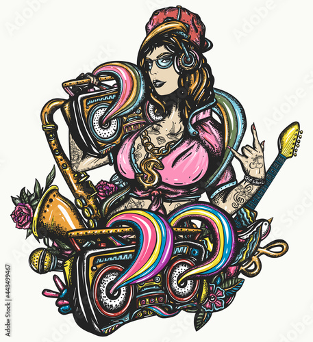 Hip hop musical girl and boom box. Old school music art. Pop culture style. Fashion portrait of modern rap woman in cap. Swag lifestyle. Street break dance. Musical tattoo and t-shirt design