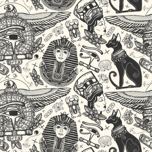 Ancient Egypt seamless pattern. History art. Old school tattoo style. Egyptian civilization background. Golden pharaoh, eagle, black cats, queen Cleopatra, eye Horus