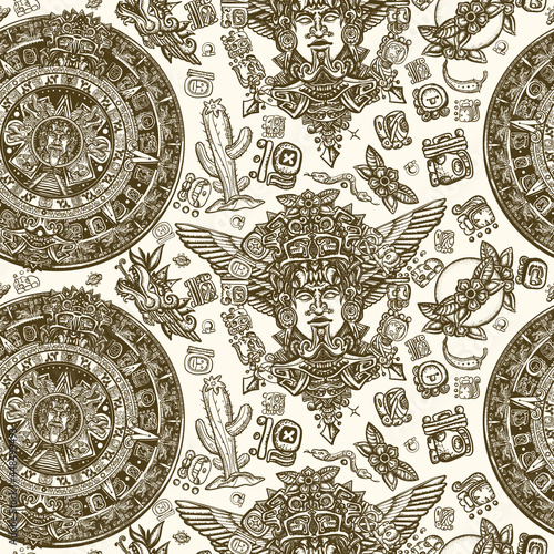 Ancient Maya Civilization background. Mexican mesoamerican culture. Aztec sun stone, golden totem and mayan glyphs seamless pattern