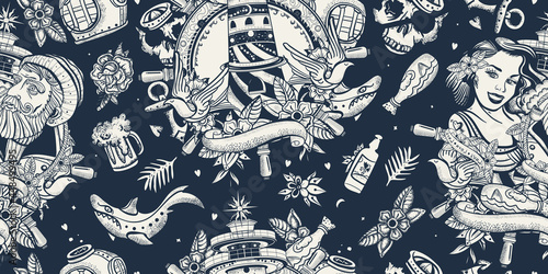 Sea adventure. Captain, lighthouse and sailor girl pin up style. Old school tattoo background. Seamless pattern
