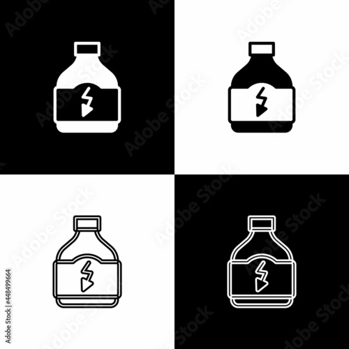 Set Sports nutrition bodybuilding proteine power drink and food icon isolated on black and white background. Vector