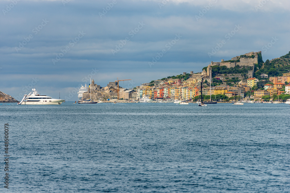 Cityscape of Porto Venere or Portovenere in the Gulf of La Spezia, seen from the sea, UNESCO world heritage site, La Spezia, Liguria, Italy, Europe.