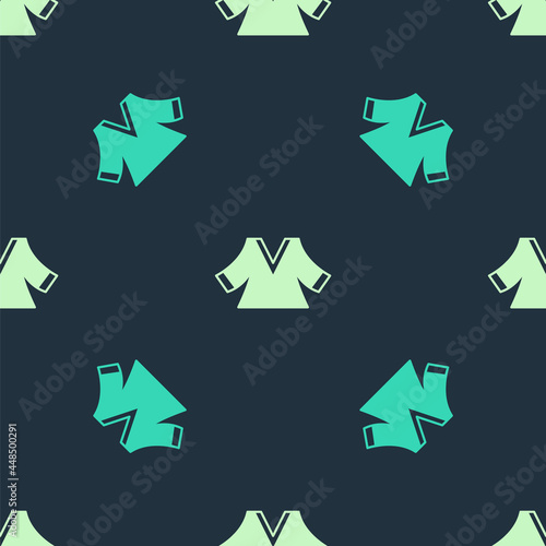 Green and beige Kimono icon isolated seamless pattern on blue background. Chinese, Japanese, Korean, Vietnamese wearing national costumes, kimono. Traditional Asian costumes. Vector