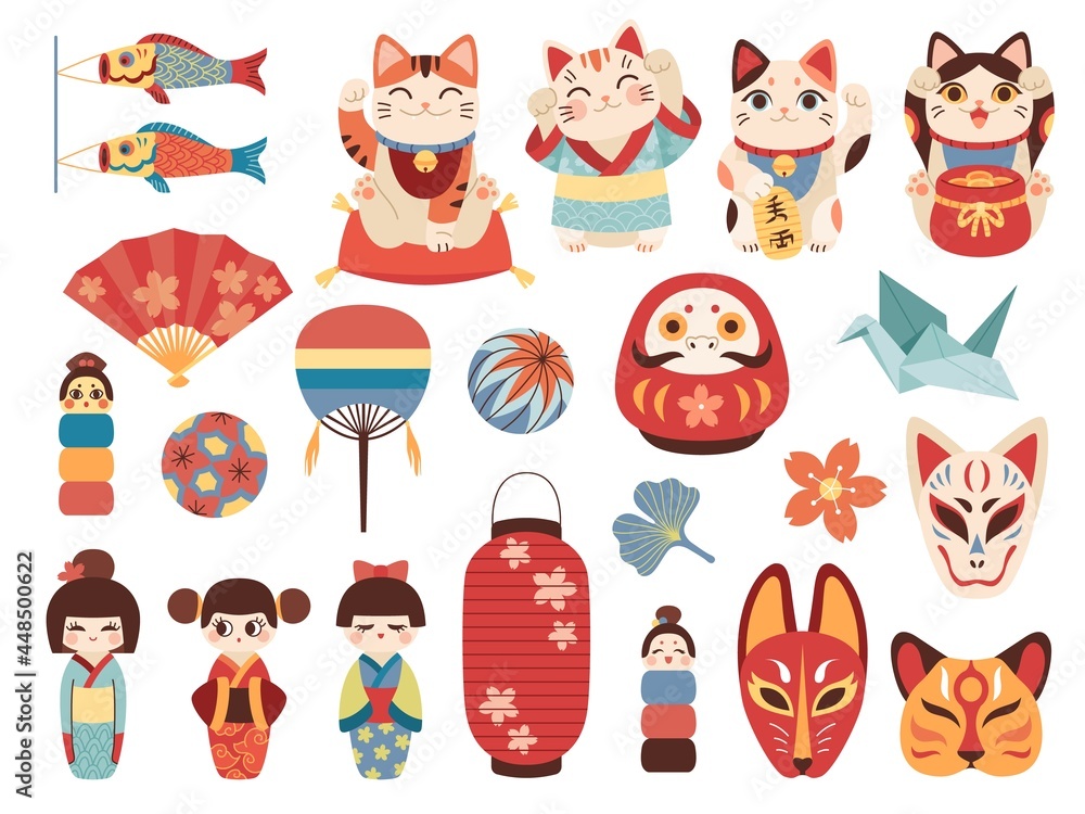 Japanese toys. National cultural lucky items, asian fortune symbols, daruma, maneki cat and kokeshi dolls, traditional masks and lights. Origami crane and paper fan vector cartoon set