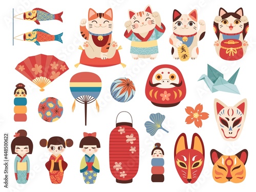 Japanese toys. National cultural lucky items, asian fortune symbols, daruma, maneki cat and kokeshi dolls, traditional masks and lights. Origami crane and paper fan vector cartoon set photo