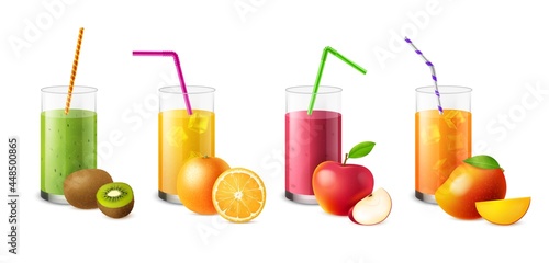 Fruit smoothies. Realistic glasses with juices and beverages, tropical fresh healthy drinks, diet and detox nutrition. Kiwi and orange, apple and mango cocktails and milkshakes vector set