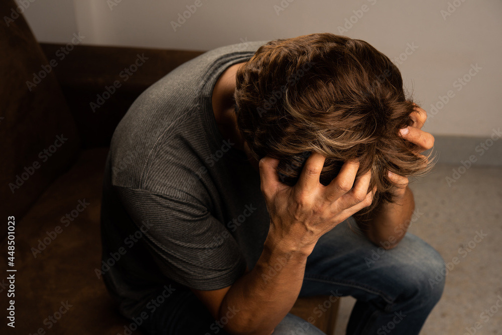 Fototapeta premium Man sad worry on white background serious unhappy