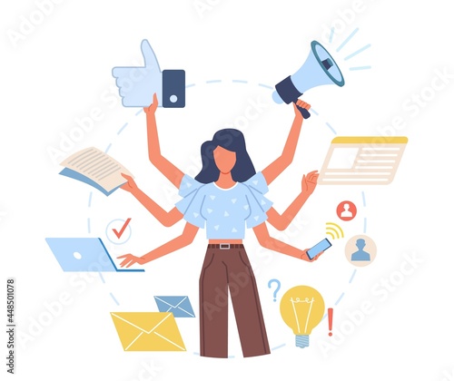 Multitasking woman. Versatile lady effectively decisive multiple cases at same time, hands perform actions, universal worker. Productive work in office, workaholic character vector concept photo