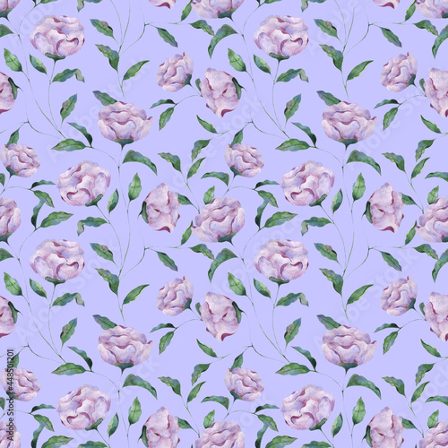 Seamless watercolor pattern of lilac peony flowers on a blue background. Botanical illustration for packaging design, texture, fabric, wallpaper, website, postcard.