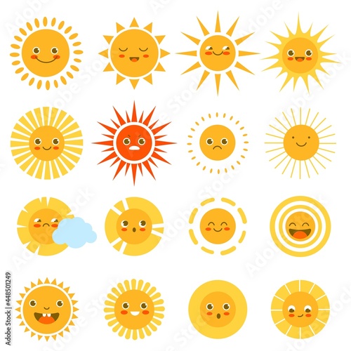 Sun characters. Cute happy summer weather icons, childish sunny emotion, funny beach smiles, sunshine baby emoji, yellow circles with different rays and faces. Print design vector cartoon set