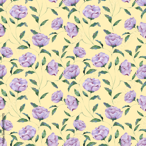 Seamless watercolor pattern of lilac peony flowers on a yellow background. Botanical illustration for packaging design  texture  fabric  wallpaper  website  postcard.